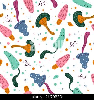 Nahtlos verarbeittes Pilzmuster. Niedliche Waldobjekte om weißen Hintergrund, schöne Wald handgezeichnete Elemente, Herbst essbar, giftige Flora. Einrichtung Stock Vektor