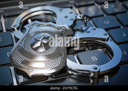 Cyber-Polizei und Internet-Kriminalität Konzept. Handschellen und Polizeiabzeichen auf der Computertastatur. 3D Abbildung Stockfoto
