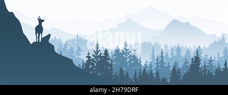 Horizontales Banner. Eine Gämse steht auf einem Hügel mit Bergen und Wald im Hintergrund. Schwarze Silhouette mit blauem Hintergrund. Abbildung. Stockfoto