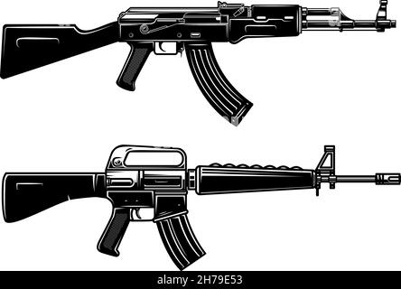 Set der Illustration des amerikanischen automatischen Sturmgewehrs. Gestaltungselement für Logo, Etikett, Schild, Emblem, Plakat. Vektorgrafik Stock Vektor