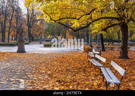 Der Sächsische Garten (Ogrod Saski) in Warschau, Polen. Herbstlandschaft mit Gassen, gefallenen Blättern und Bänken, öffentlicher Park im Stadtzentrum. Stockfoto