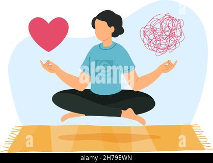 Konzentration. Psychische Gesundheit. Meditierende Frau. Mädchen sitzt in Lotusposition und fliegt. Person, die Yoga praktiziert und zwischen Liebe und Zweifel wählt Stock Vektor