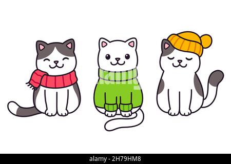 Niedliche Cartoon-Katzen in Strickkleidung: Pullover, Schal und Mütze. Drei Kawaii-Kätzchen halten sich in der Wintersaison warm. Vektorgrafik Clip Art Illustration. Stock Vektor