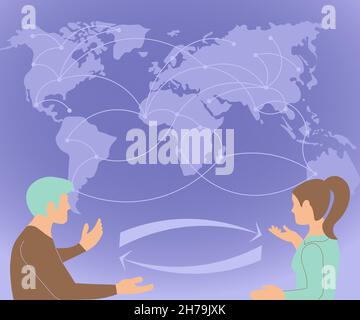 Zwei Teamkollegen Diskutieren Über Neue Ideen Und Überblicken Die Weltkarte, Um Neue Lösungen Zu Entwickeln. Kollegen Plaudern Über Globe Chart, Um Über Resolutionen Zu Diskutieren. Stock Vektor