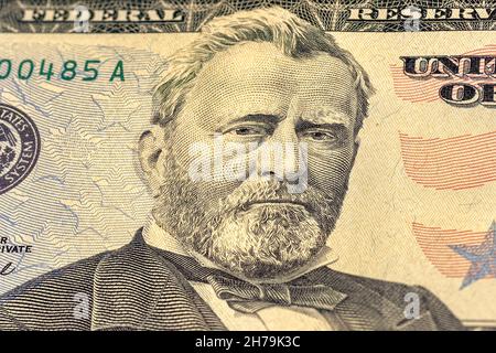 Nahaufnahme der 50-Dollar-Rechnung. Porträt von Präsident und General Ulysses Grant auf der US-amerikanischen Banknote mit 50 US-Dollar. Stockfoto