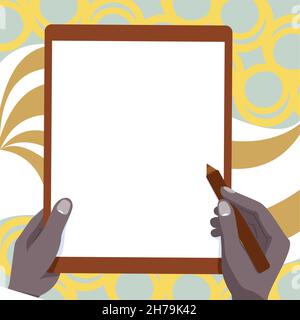 Zeichnung Von Beiden Händen Halten Tablet Leicht Präsentiert Wunderbare Ideen. Handflächenzeichnung Mit Big Pad Kombinieren Und Erstaunliche Moderne Automatisierung Zeigen. Stock Vektor