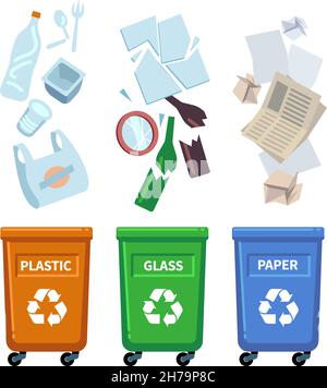 Abfallbehälter. Verschiedene Abfallarten färben Behälter für die Sortierung von Abfällen. Sammeln Sie Recycling-Glas-Kunststoff und Papierabfall. Müll, der in den Müll fällt, ca. Stock Vektor