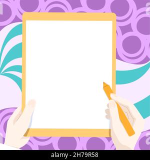 Zeichnung Von Beiden Händen Halten Tablet Leicht Präsentiert Wunderbare Ideen. Handflächenzeichnung Mit Big Pad Kombinieren Und Erstaunliche Moderne Automatisierung Zeigen. Stock Vektor