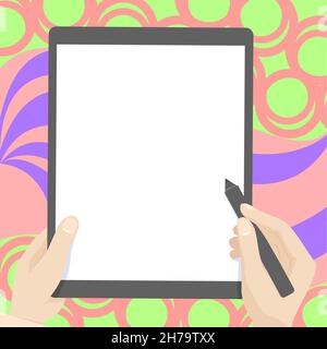 Zeichnung Von Beiden Händen Halten Tablet Leicht Präsentiert Wunderbare Ideen. Handflächenzeichnung Mit Big Pad Kombinieren Und Erstaunliche Moderne Automatisierung Zeigen. Stock Vektor