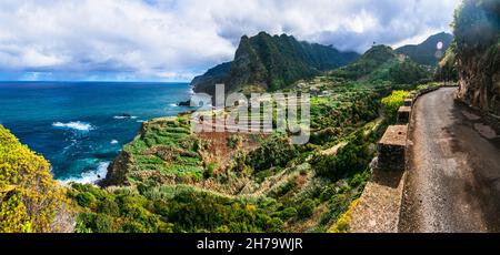 Madeira Island, unglaubliche Schönheit Natur Landschaft. Aussichtspunkt (Miradouro) von Sao Cristovao mit beeindruckendem Felsen. Boaventura , nördlicher Teil der Insel Stockfoto