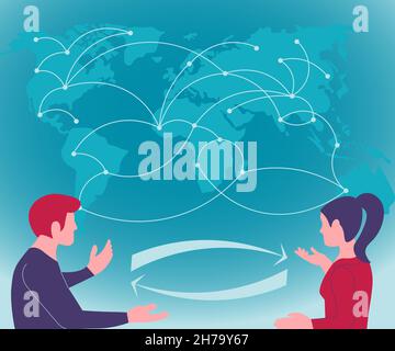 Zwei Teamkollegen Diskutieren Über Neue Ideen Und Überblicken Die Weltkarte, Um Neue Lösungen Zu Entwickeln. Kollegen Plaudern Über Globe Chart, Um Über Resolutionen Zu Diskutieren. Stock Vektor