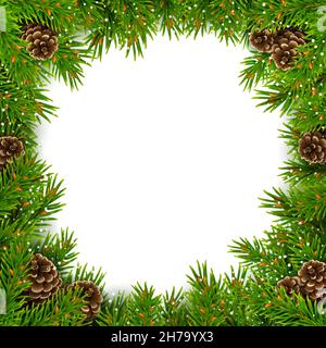 Quadratische Umrandung aus immergrünen Fichtenzweigen, Kiefernzapfen und Schneeflocken. Für Weihnachtsdekorationen und Grußkarten-Designs. Isoliert ein Stock Vektor