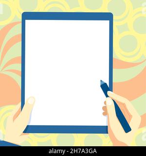 Zeichnung Von Beiden Händen Halten Tablet Leicht Präsentiert Wunderbare Ideen. Handflächenzeichnung Mit Big Pad Kombinieren Und Erstaunliche Moderne Automatisierung Zeigen. Stock Vektor