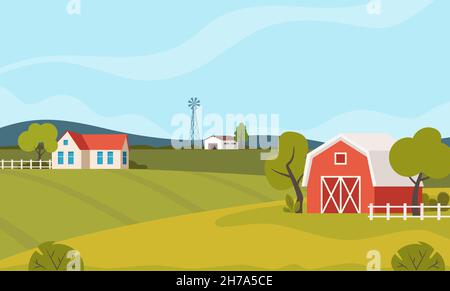 Farmszene mit roter Scheune und Windmühle, Bäumen, Zaun, Heuhaufen. Ländliche Landschaft. Konzept Landwirtschaft und Landwirtschaft. Niedliche Vektorgrafik Stock Vektor