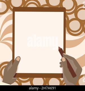 Zeichnung Von Beiden Händen Halten Tablet Leicht Präsentiert Wunderbare Ideen. Handflächenzeichnung Mit Big Pad Kombinieren Und Erstaunliche Moderne Automatisierung Zeigen. Stock Vektor