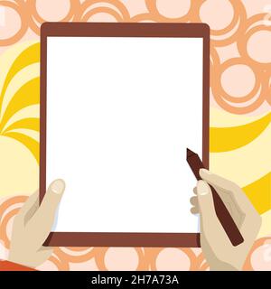 Zeichnung Von Beiden Händen Halten Tablet Leicht Präsentiert Wunderbare Ideen. Handflächenzeichnung Mit Big Pad Kombinieren Und Erstaunliche Moderne Automatisierung Zeigen. Stock Vektor