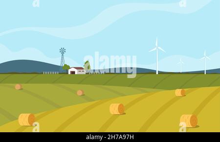 Farmszene mit Scheune und Windmühle, Bäumen, Zaun, Heuhaufen. Ländliche Landschaft. Konzept Landwirtschaft und Landwirtschaft. Niedliche Vektorgrafik Stock Vektor