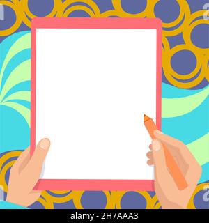 Zeichnung Von Beiden Händen Halten Tablet Leicht Präsentiert Wunderbare Ideen. Handflächenzeichnung Mit Big Pad Kombinieren Und Erstaunliche Moderne Automatisierung Zeigen. Stock Vektor