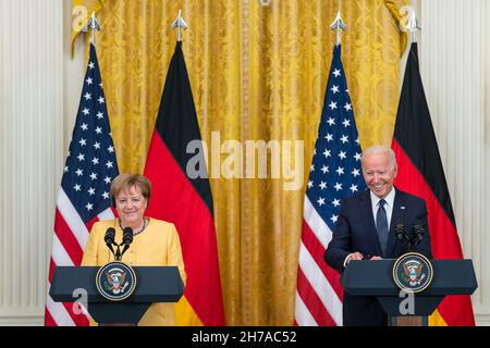 WASHINGTON DC, USA - 15. Juli 2021 - Präsident Joe Biden nimmt an einer gemeinsamen Pressekonferenz mit Bundeskanzlerin Angela Merkel am Donnerstag, den Juli, Teil Stockfoto