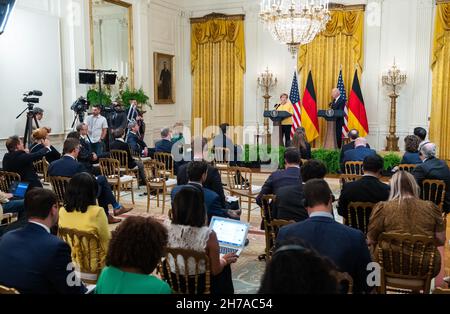 WASHINGTON DC, USA - 15. Juli 2021 - Präsident Joe Biden nimmt an einer gemeinsamen Pressekonferenz mit Bundeskanzlerin Angela Merkel am Donnerstag, den Juli, Teil Stockfoto