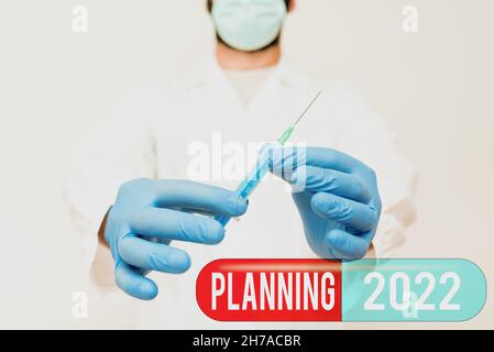 Schreiben des angezeigten Texts Planung 2022. Wort für Prozess der Planung für etwas im nächsten Jahr Forscher zur Virenpräventionsmethode, Neu Stockfoto