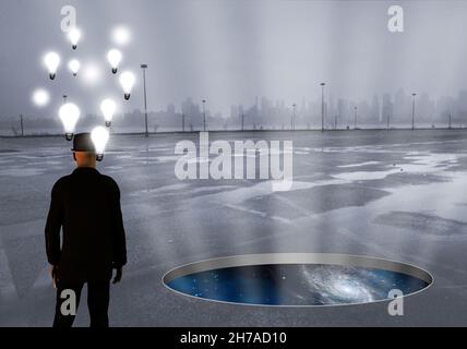 Ideen zum Brainstorming. Mann mit Glühbirnen über dem Kopf. Weltraumportal. 3D Rendern. Stockfoto