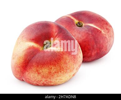 Zwei chinesische flache Donut Pfirsiche isoliert auf weißem Hintergrund mit Clipping-Pfad. Volle Schärfentiefe. Stockfoto