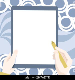 Zeichnung Von Beiden Händen Halten Tablet Leicht Präsentiert Wunderbare Ideen. Handflächenzeichnung Mit Big Pad Kombinieren Und Erstaunliche Moderne Automatisierung Zeigen. Stock Vektor