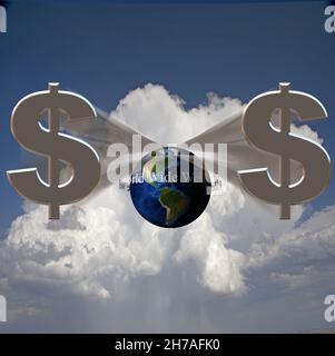 Dollarzeichen und Erde erzeugen SOS-Signal. World Wide Web. 3D Rendern. Stockfoto