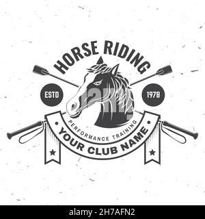 Reitersportverein Abzeichen, Aufnäher, Emblem, Logo. Vektorgrafik. Vintage monochrome Reitsport-Label mit Pferdekopf, Reitkultur Stock Vektor