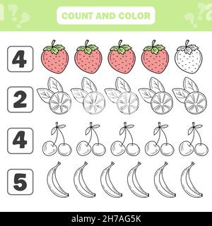Zählen und Farbe Spiel für Kinder im Vorschulalter - Beeren und Früchte. Arbeitsblatt zur Entwicklung mathematischer Fähigkeiten. Bild für Kinder Stock Vektor
