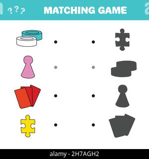 Passendes Spiel. Finden Sie den richtigen Schatten von Gegenständen von Brettspielen. Spiel für Kinder. Pädagogisches Mathe-Spiel für Kinder. Stock Vektor