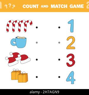 Zählen und Spiel. Zählen Sie die Anzahl der Winter- und Weihnachtsartikel und stimmen Sie mit den richtigen Zahlen überein. Pädagogisches Mathe-Spiel für Kinder. Zählen lernen. Stock Vektor