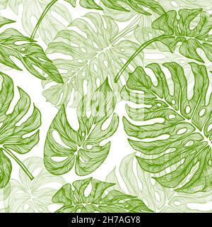 Grafisches Monstera-Blatt. Nahtloser Hintergrund mit Dschungelblättern. Schöne handgezeichnete exotische Pflanzen. Vektorgrafik Stock Vektor