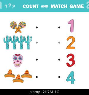 Zählen und Spiel. Zählen Sie die Anzahl der Gegenstände des mexikanischen Totentages und stimmen Sie mit den richtigen Zahlen überein. Pädagogisches Mathe-Spiel für Kinder. Zählen lernen Stock Vektor