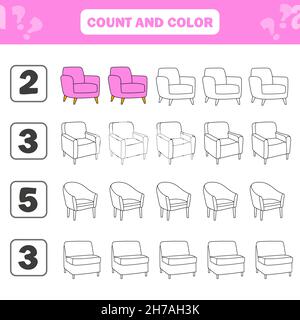 Zählen und Farbe Spiel für Kinder im Vorschulalter - Stühle. Arbeitsblatt zur Entwicklung mathematischer Fähigkeiten. Bild für Kinder Stock Vektor