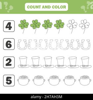 Count und Farbe Spiel für Kinder im Vorschulalter - Saint Patrick Day. Arbeitsblatt zur Entwicklung mathematischer Fähigkeiten. Bild für Kinder Stock Vektor