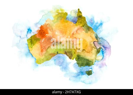 Aquarellkarte von Australien. Aquarelldarstellung Stockfoto