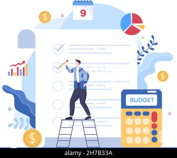 Budget Financial Analyst to Managing or Planning Spending Money at Checklist on Clipboard, Calculator and Calendar Background Vector Illustration Stock Vektor