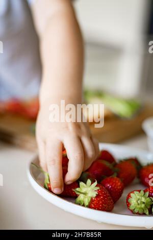 Closeup Hand niedliches kleines Baby, das frische rote Erdbeere von der saisonalen Ernte des Tellers nimmt Stockfoto