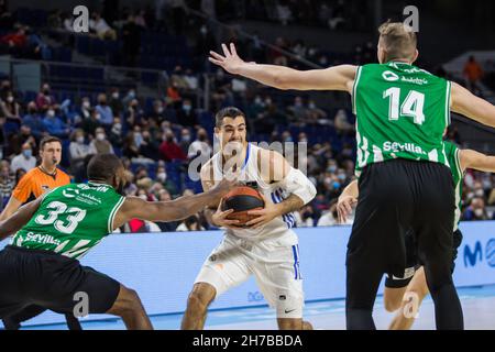 Madrid, Spanien. 21st. November 2021. Alberto Abalde (C) während des Real Madrid Sieges über Coosur Real Betis (71 - 48) in der Liga Endesa regulären Saison (Tag 11) gefeiert in Madrid (Spanien) im Wizink Center. November 21th 2021. (Foto von Juan Carlos García Mate/Pacific Press/Sipa USA) Quelle: SIPA USA/Alamy Live News Stockfoto