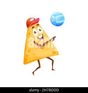 Nette Nachos spielen Beach-Volleyball isoliert lustige Cartoon-Figur in Mütze. Vector Sommer Sport Aktivität, Urlaub Urlaub der traditionellen mexikanischen Küche, Stock Vektor
