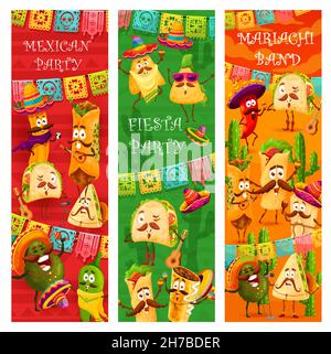 Mexikanische Fiesta Party mit Cartoon lustige Mariachi Food Figuren. Quesadilla, Tacos und Enchiladas, Burritos Fast Food Meal, Avocado und Jalapeno-Pfeffer Stock Vektor