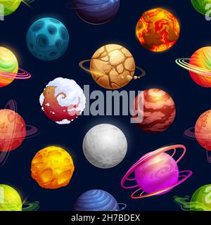 Cartoon futuristische Planeten, Sterne nahtlose Muster, Vektor-Galaxie Hintergrund. Kosmos-Astroiden und Fantasy-Weltraumplaneten mit Satelliten-Meteoriten, ich Stock Vektor
