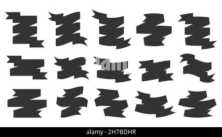 Band Symbol Stempel Siegel blank Flagge schwarz flach set. Vorlage News Grußbrief. Festliches, geschwungenes Element. Einladung Schild Attribut Rabatt Clearance Store Website. Einfaches Banner isoliert auf Weiß Stock Vektor