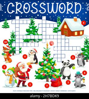 Weihnachtsbaum, Tiere und Weihnachtsmann mit Geschenken, Kreuzworträtsel Arbeitsblatt, finden Sie ein Wort Vektor Quiz Spiel. Kinder Kreuzworträtsel mit Weihnachten Cartoon sno Stock Vektor