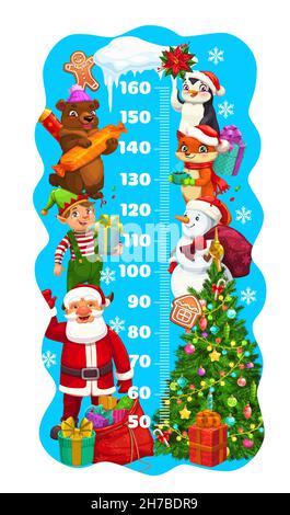 Kinder-Höhendiagramm mit Weihnachtsfiguren, Weihnachtsmann mit Schneemann und Geschenken, Vektor-Wachstumsmesser. Kindergröße Maßstab oder messen Lineal mit Cartoon Weihnachten Stock Vektor