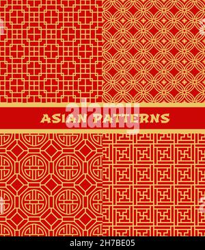 Traditionelle asiatische nahtlose Muster. Koreanisches, chinesisches und japanisches Ornament. vektor-rote Muster. Orientalische Tapete oder goldener Hintergrund mit asiatischen kn Stock Vektor