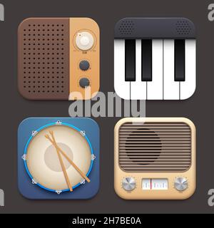 Symbol für die Benutzeroberfläche von FM-Radio, Klavier und Drum Music App. Vector 3D realistische vintage Empfänger, Schlagzeug und wichtige Musikinstrumente quadratische Tasten für gesetzt Stock Vektor