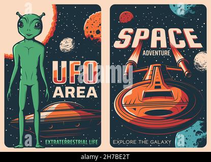 UFO-Bereich und Raumschiff Retro-Poster. Alien Life, Weltraumforschung Abenteuer und Galaxienreisen Sci-Fi Poster, Vektor-Vintage-Banner mit extraterrest Stock Vektor